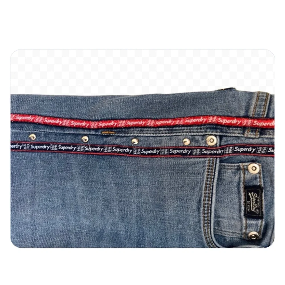 Superdry Vintage Blue Jeans & Red Logo Stripe Studs Blue Stripe Size W27 L30 EUC - Picture 3 of 12
